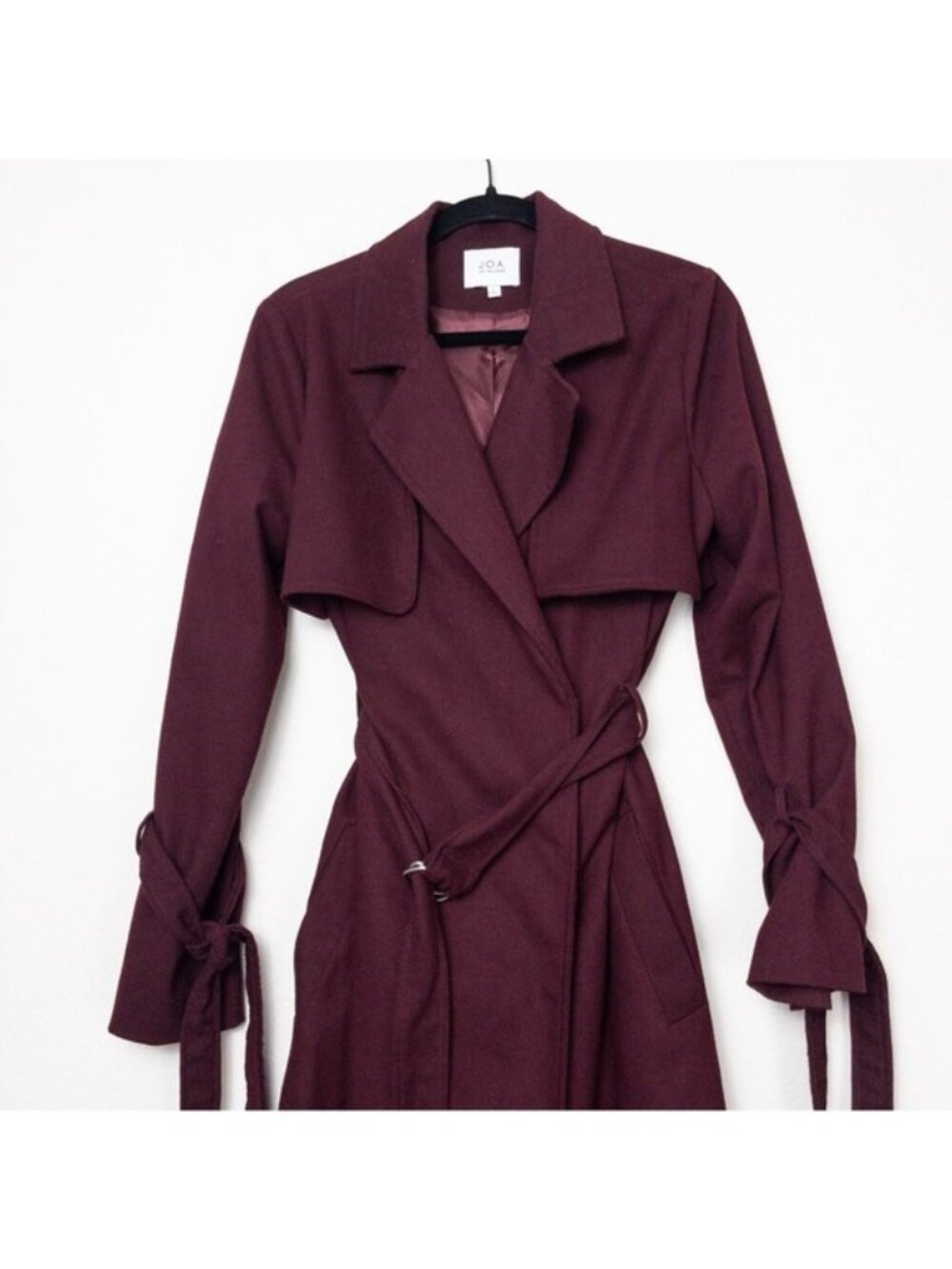 NEW J.O.A Belted Trench Coat S Burgundy Maroon Tie Cuff Double Breasted Utility - Picture 6 of 12